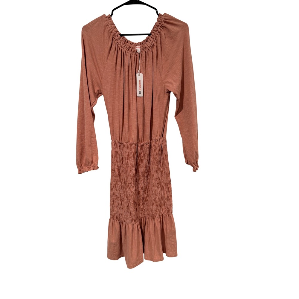 Sundry Smocked Waist Ruffle Mini Dress Terracotta Clay Long Sleeve Size 2 NWT